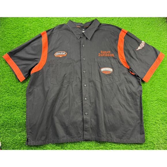 Harley Davidson Button Up Shirt Mens 4XL Black Orange Short Sleeve Genuine Logo - Picture 1 of 8